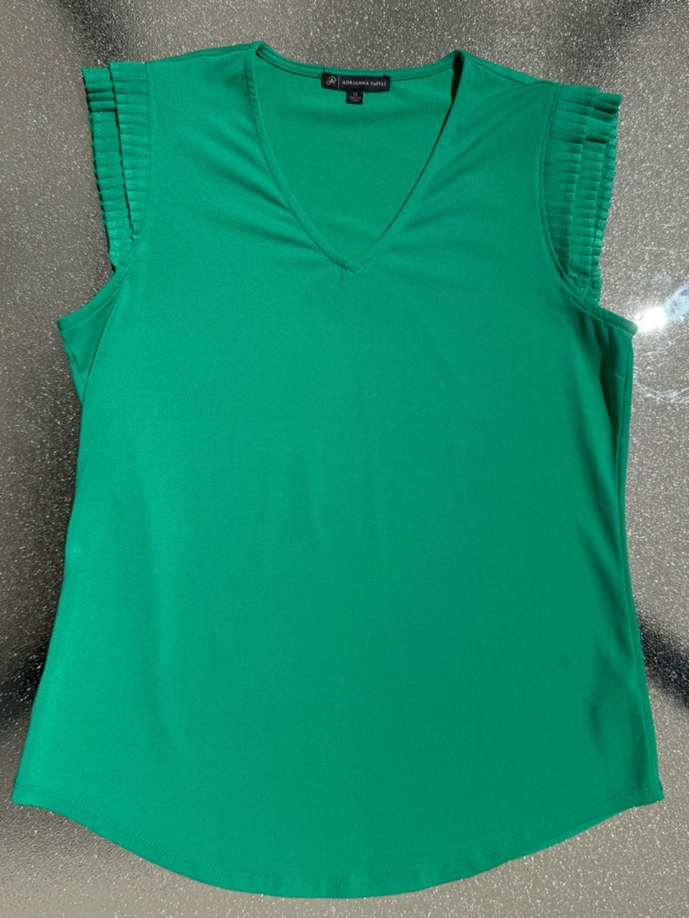 Adrianna Papell Emerald Green V-Neck Tank with Ruffle / Pleated Cap Sleeves